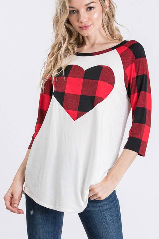PLAID SLEEVE TOP WITH HEART PATCH