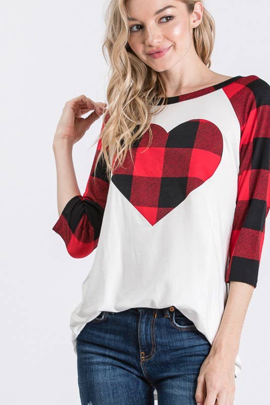 PLAID SLEEVE TOP WITH HEART PATCH
