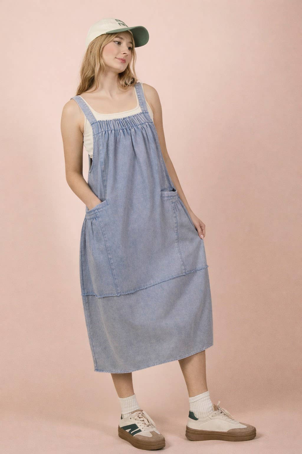 Mineral Washed Denim Overall Casual Midi Dress