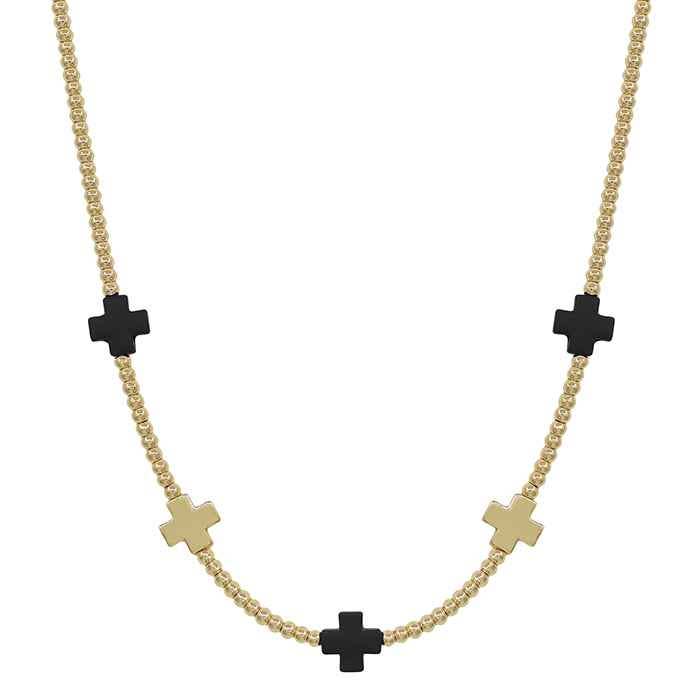 Gold Beaded with Black and Gold Cross Necklace 16" -18"