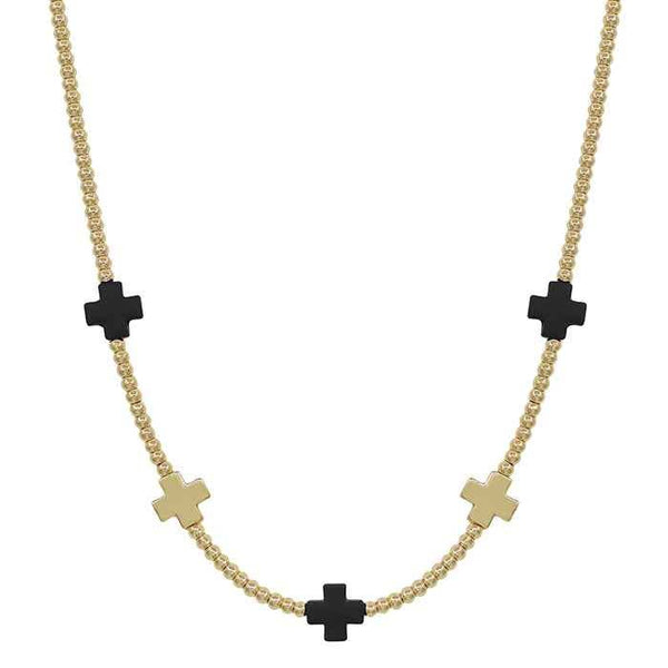 Gold Beaded with Black and Gold Cross Necklace 16" -18"