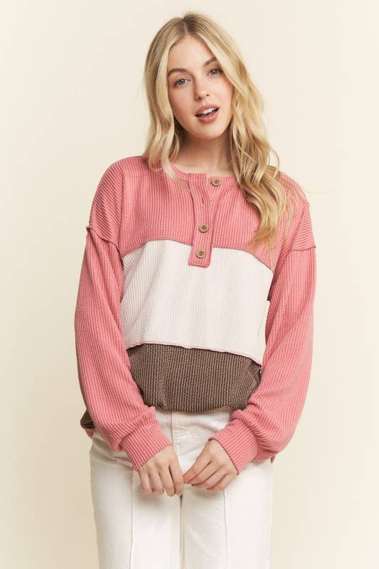 LONG SLEEVE COLOR BLOCK HENLEY TOP