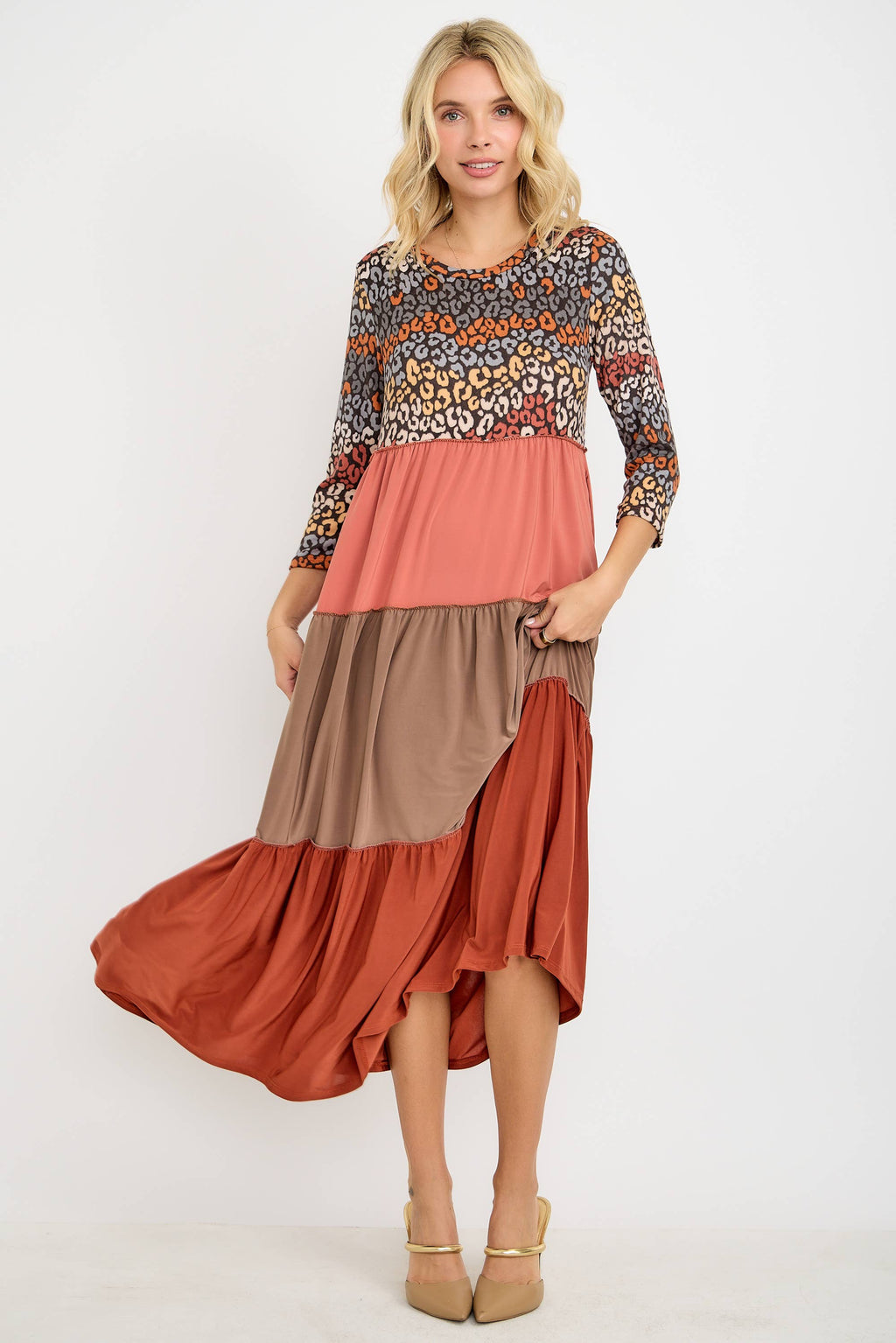 Animal Print & Color Block  Tiered Dress
