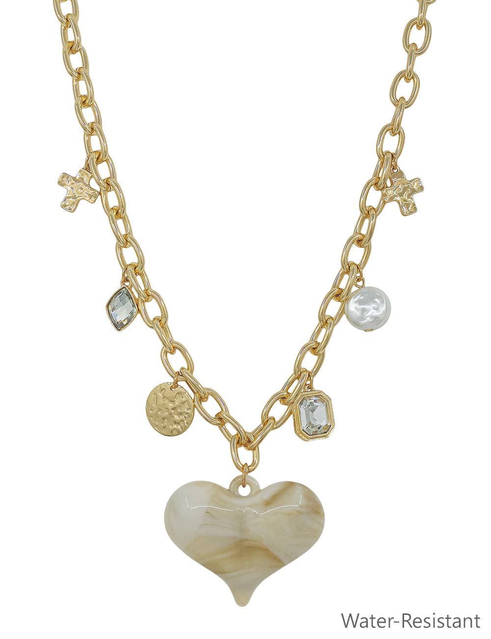 Gold Chain with Charms and Chunky Natural Resin Heart Necklace 16" - 18"