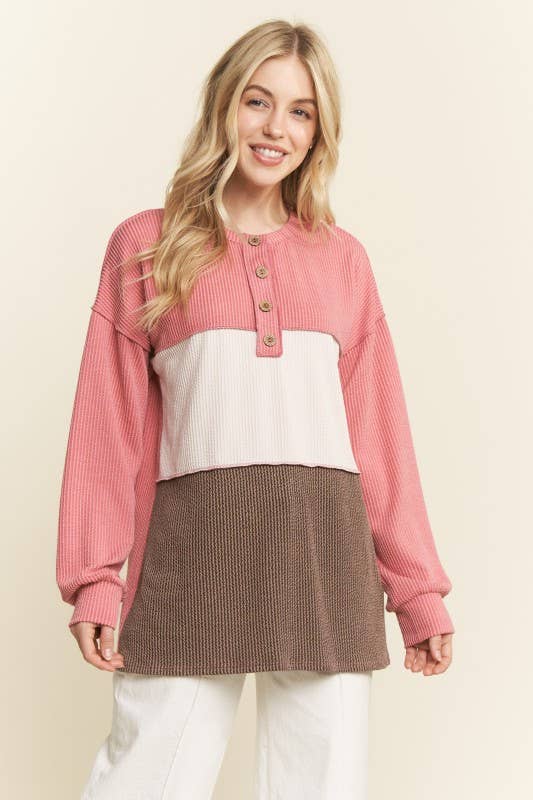 LONG SLEEVE COLOR BLOCK HENLEY TOP