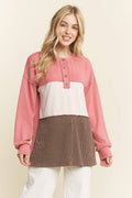 LONG SLEEVE COLOR BLOCK HENLEY TOP