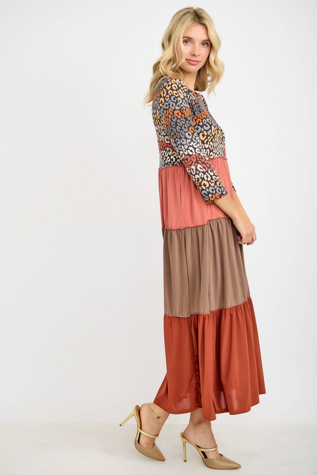Animal Print & Color Block  Tiered Dress