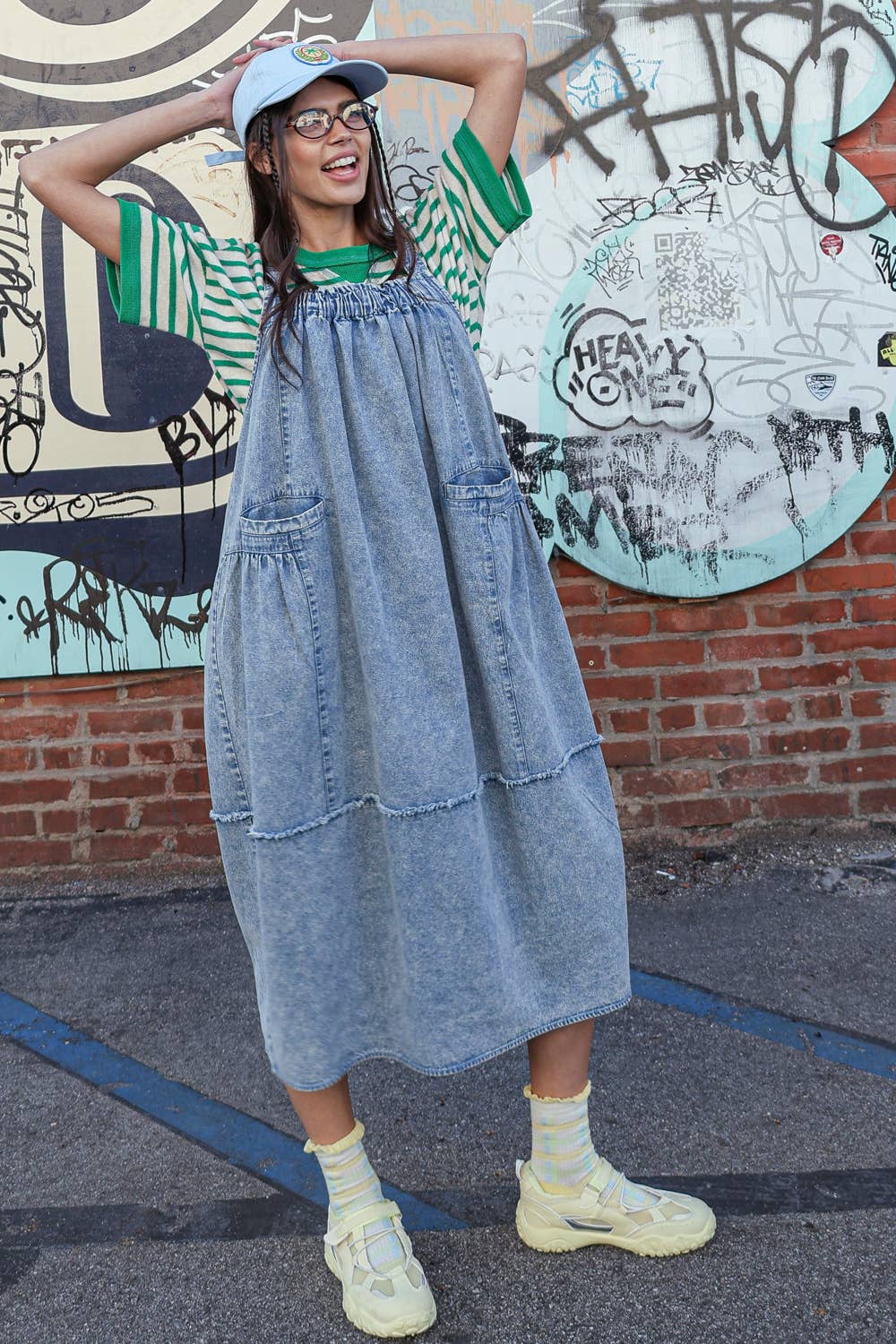 Mineral Washed Denim Overall Casual Midi Dress