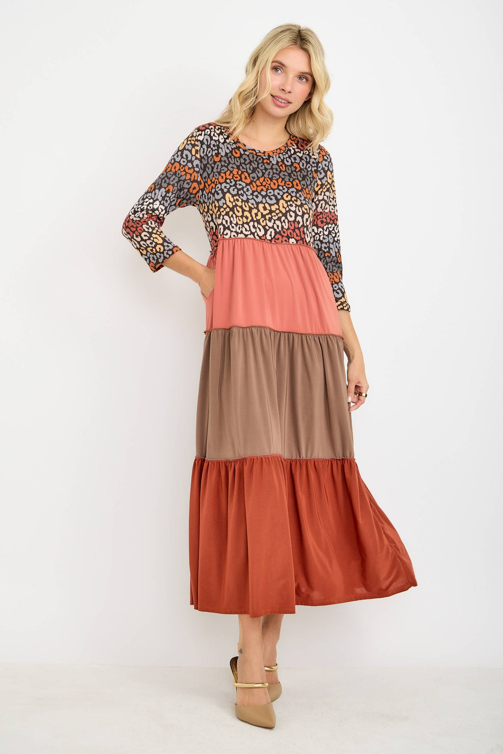 Animal Print & Color Block  Tiered Dress