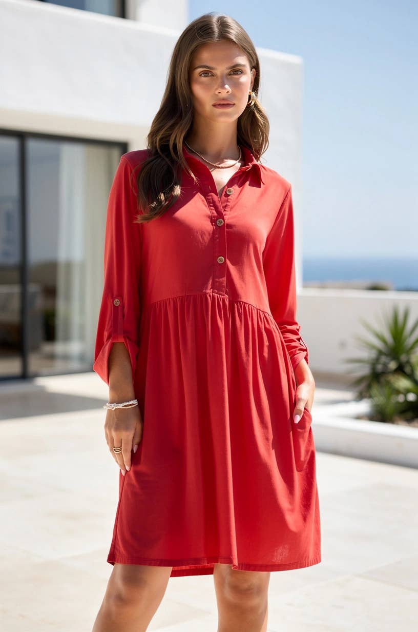 Inspire Regular Size Collared Shirt Dress w/ Pockets