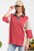 URBAN RIB COLOR BLOCK STRIPED SPLIT NECK TOP