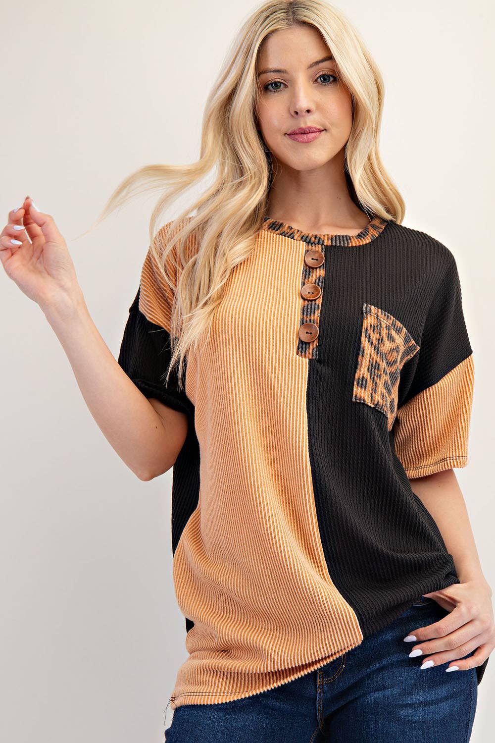 Two-tone Knit Top With Leopard Accent