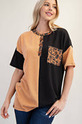 Two-tone Knit Top With Leopard Accent
