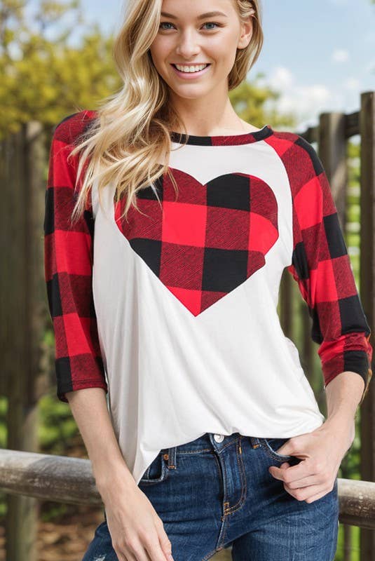 PLAID SLEEVE TOP WITH HEART PATCH