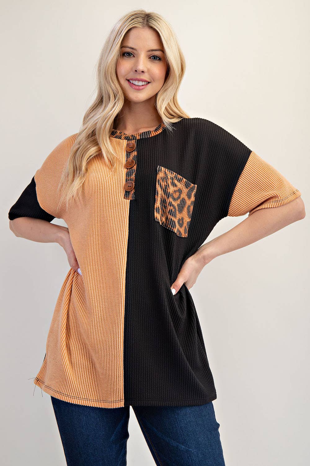 Two-tone Knit Top With Leopard Accent