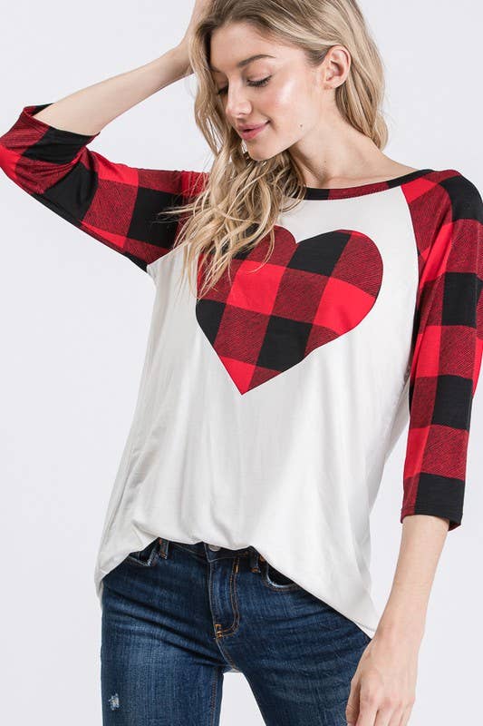PLAID SLEEVE TOP WITH HEART PATCH