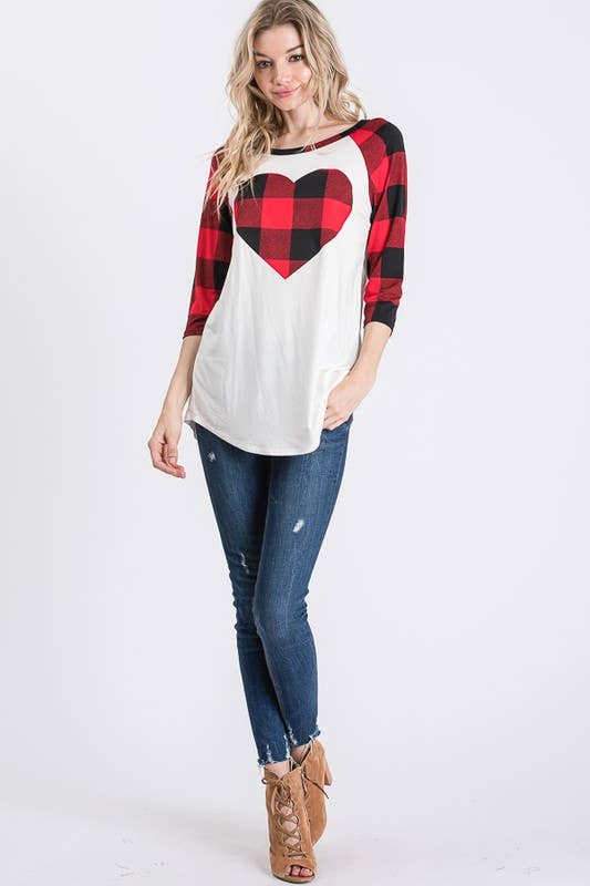 PLAID SLEEVE TOP WITH HEART PATCH