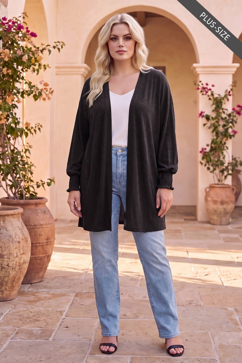 Solid Open Front Smocked Sleeve Flowy Cardigan