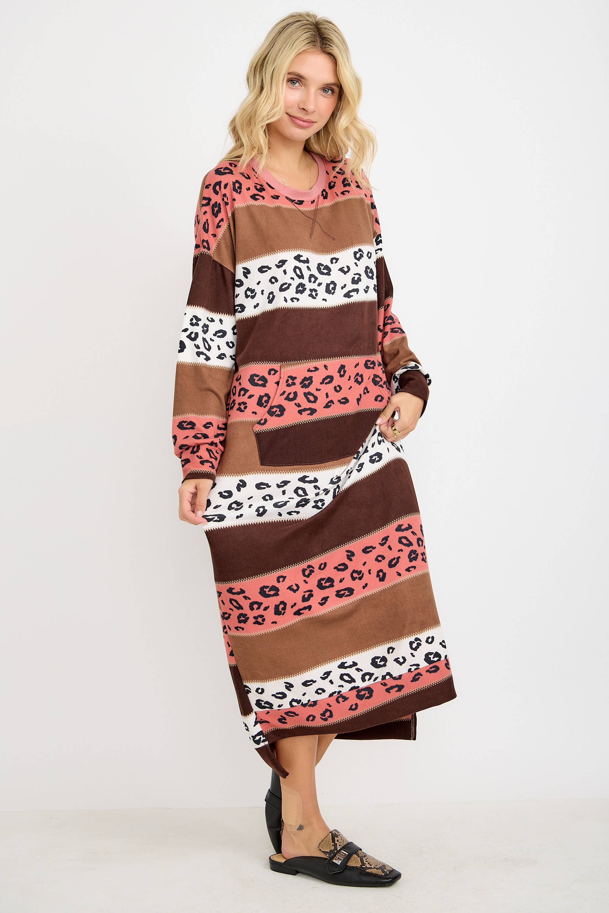 Striped Animal Print Sweatshirt Dress