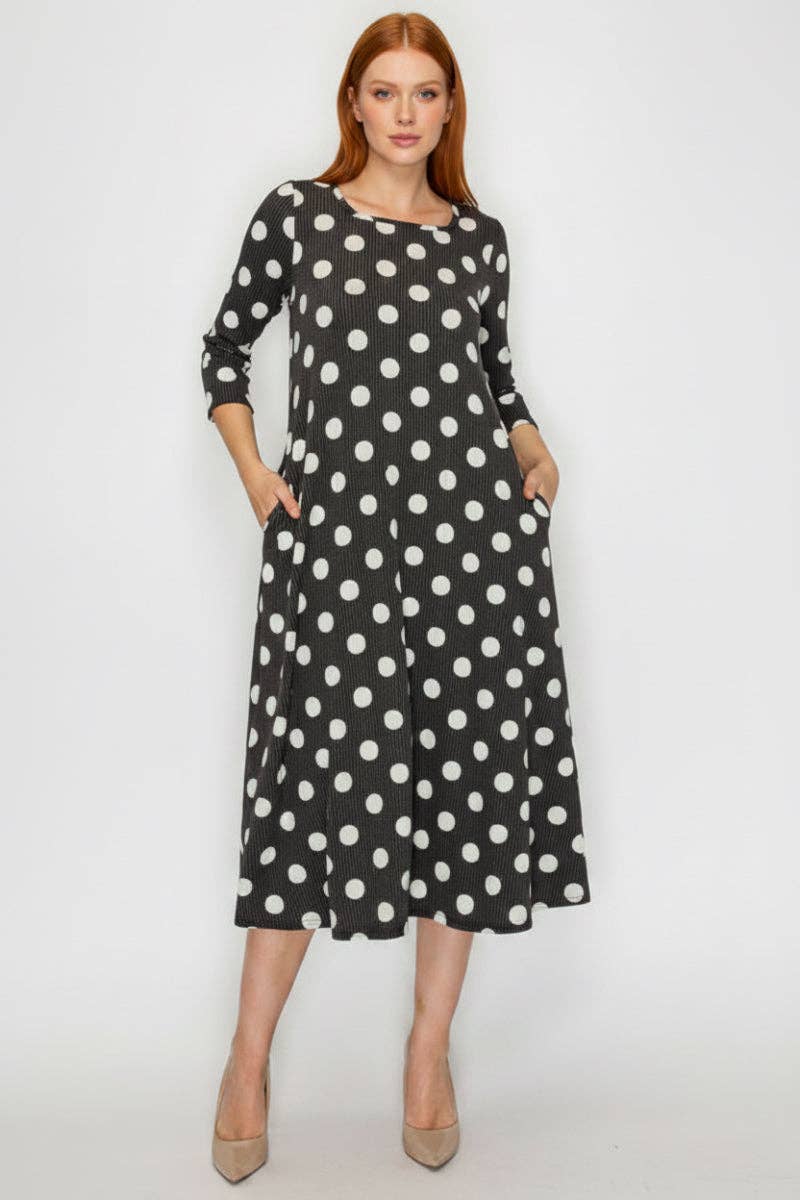 A-Line Square Neck Polka Dot Midi Dress